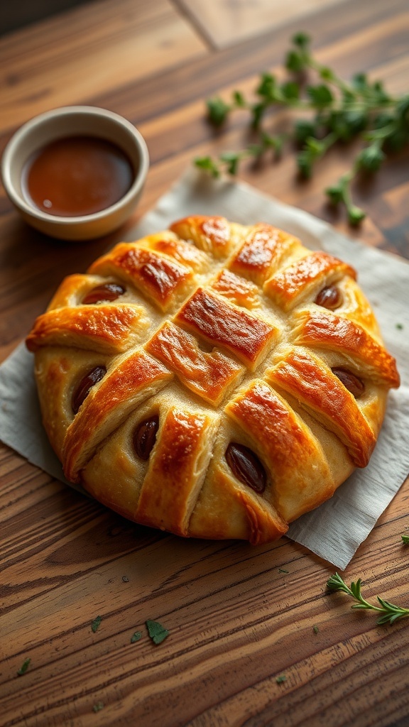 A golden brown onion quilt jacket on a wooden table, garnished with herbs.
